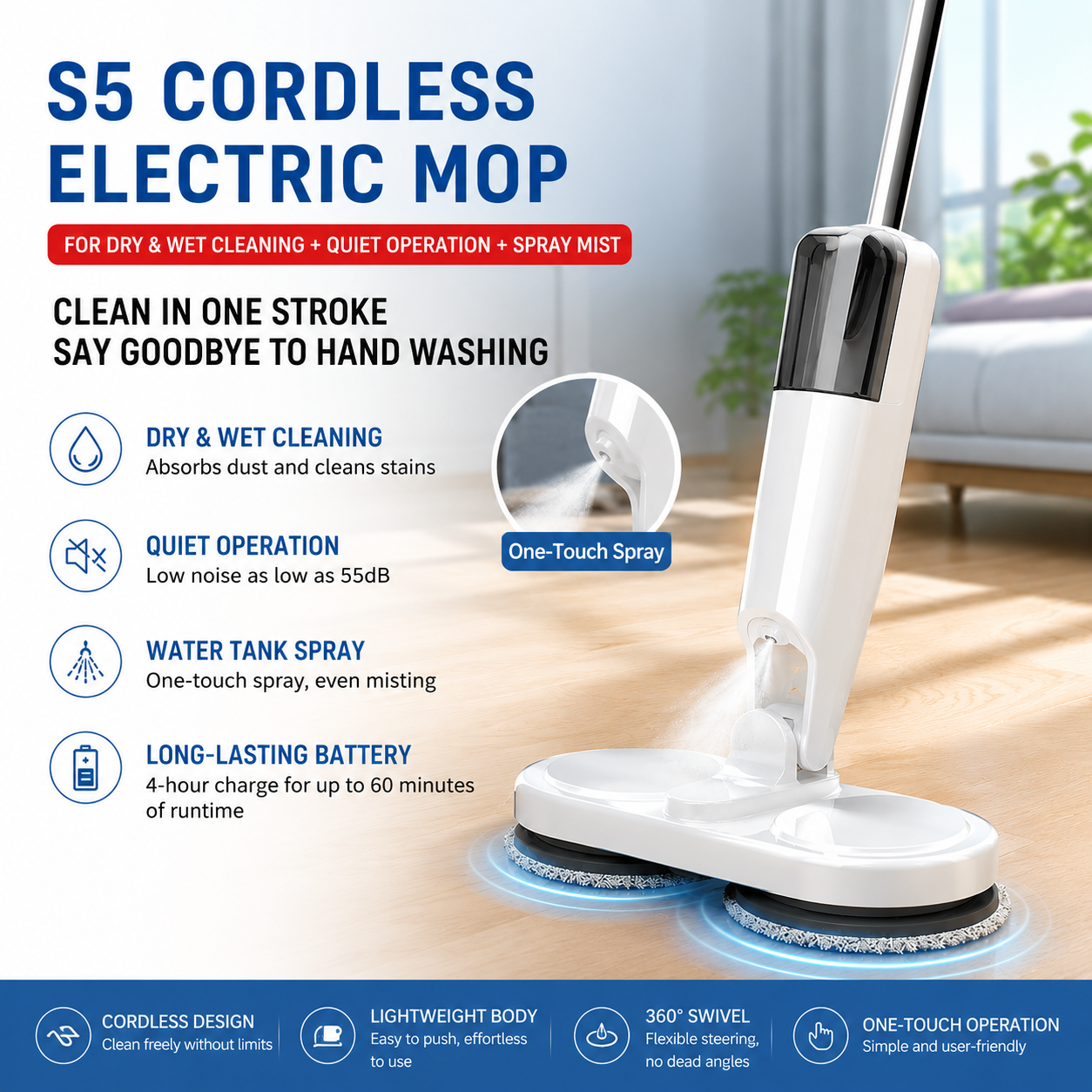 S5 White Cordless Electric Spin Mop with Spray Function USB Rechargeable Floor