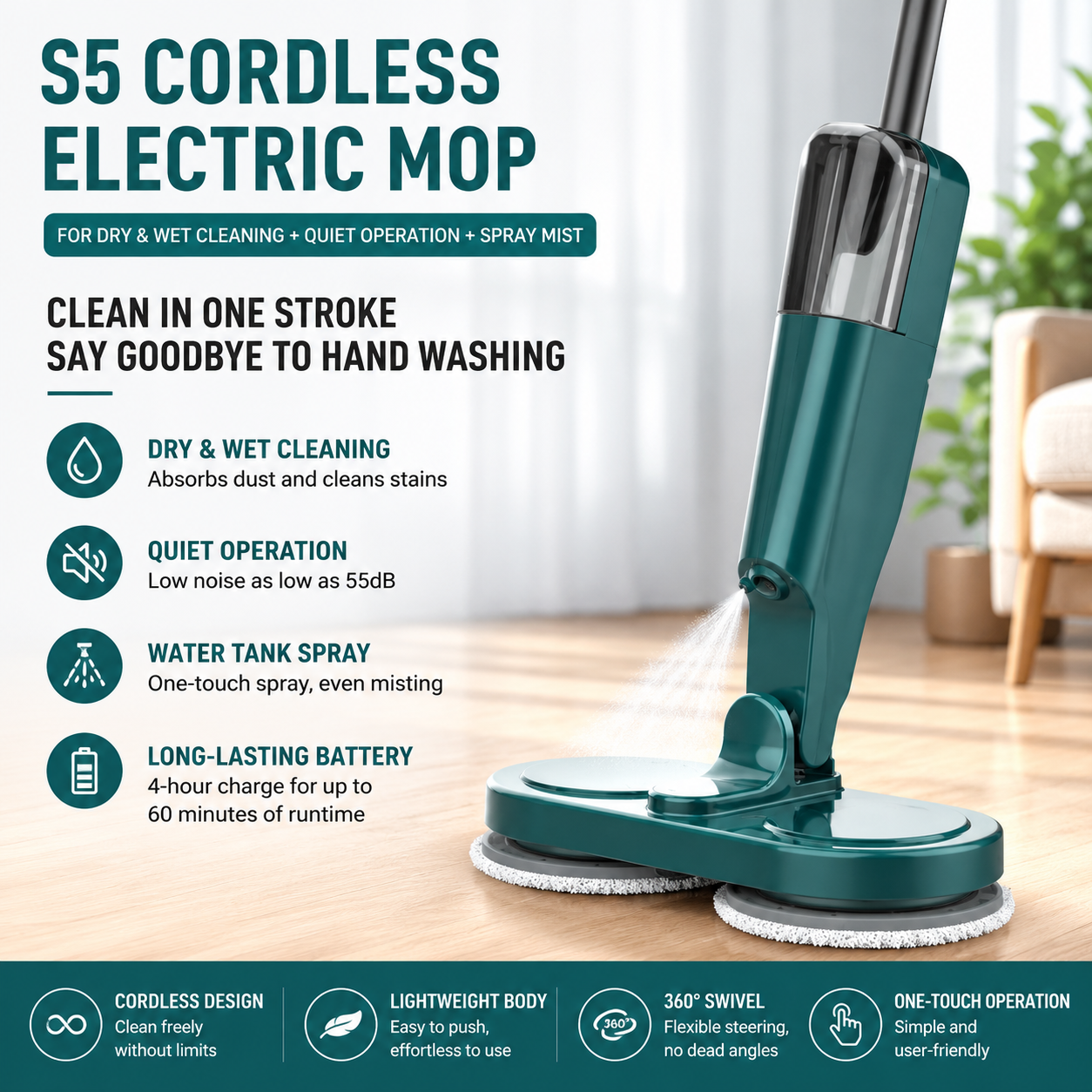 S5 Green Cordless Electric Spin Mop with Spray Function USB Rechargeable Floor
