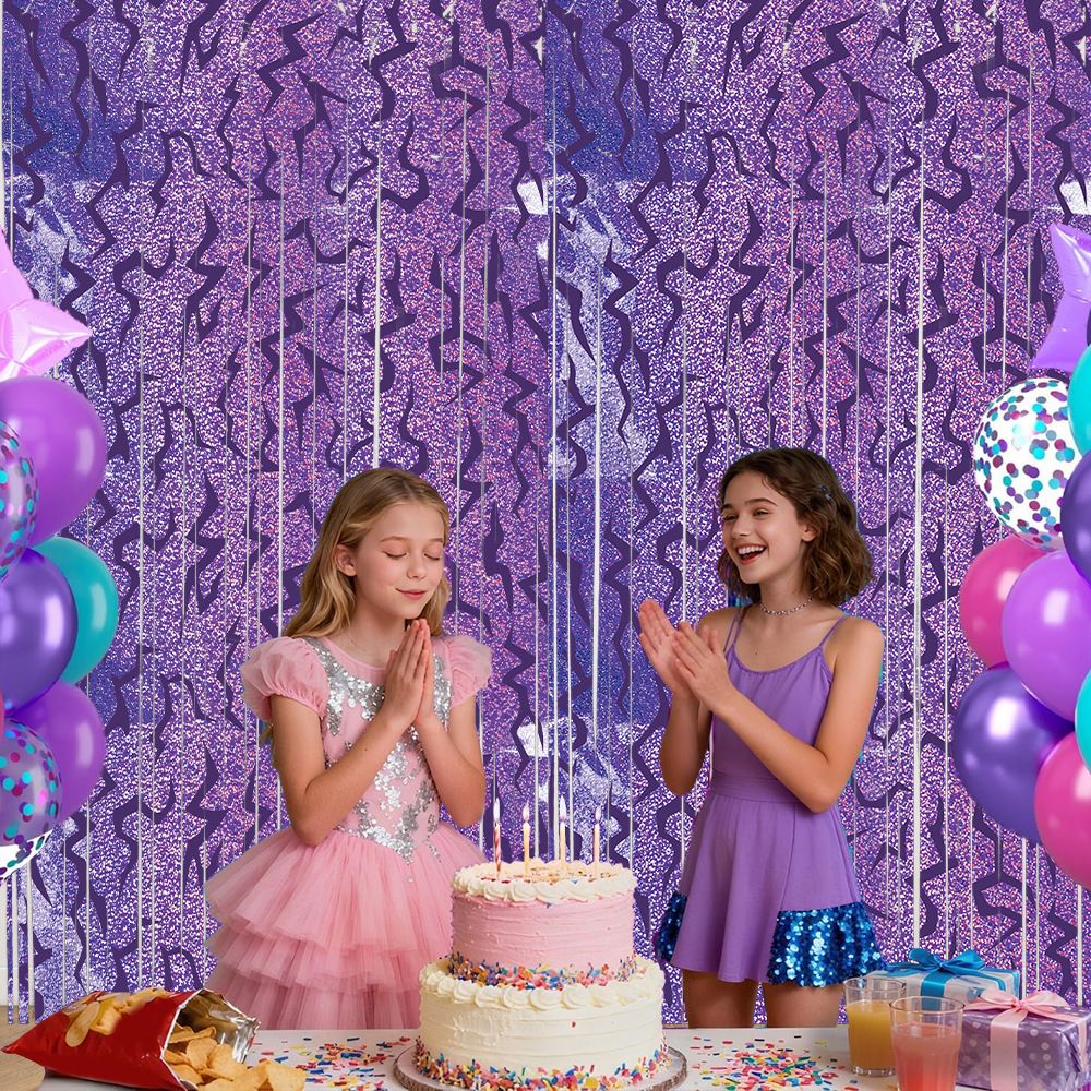 5 pcs Purple Lightning Tinsel Curtain Backdrop - Shimmer Foil Fringe Party view 4