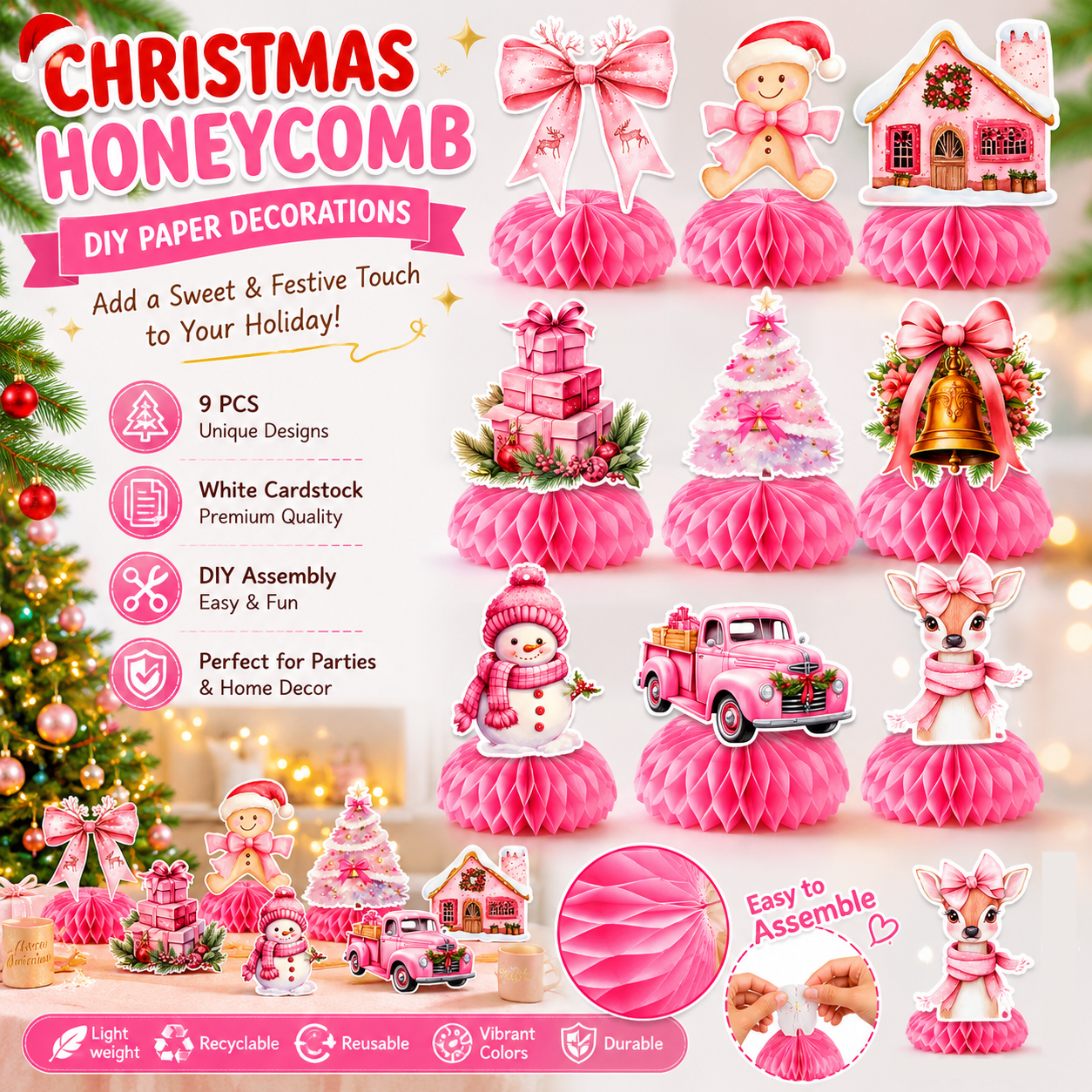 9 pcs Pink Christmas Honeycomb Table Centrepiece Set - 3D Paper Decorations