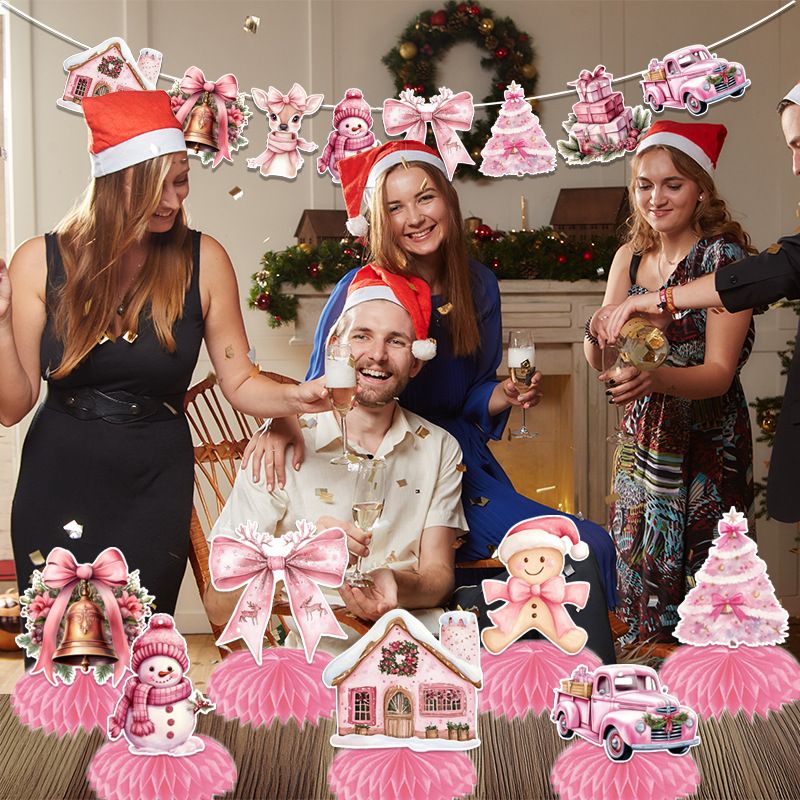 9 pcs Pink Christmas Honeycomb Table Centrepiece Set - 3D Paper Decorations view 6
