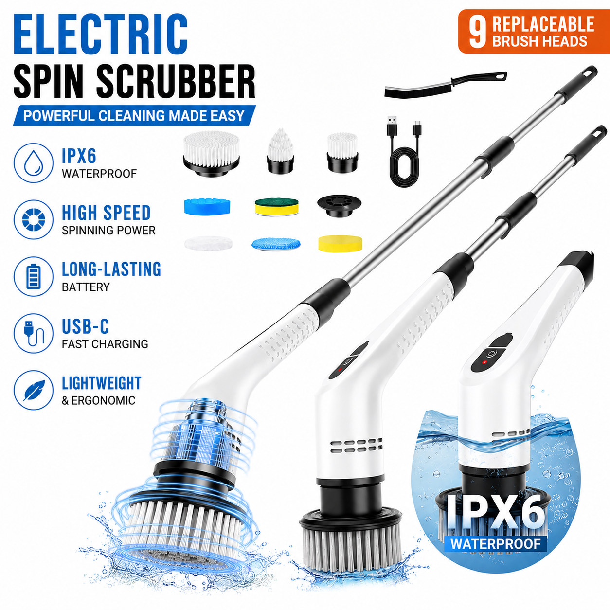 White 9 piece replaceable cleaning brush heads Electric Spin Scrubber with