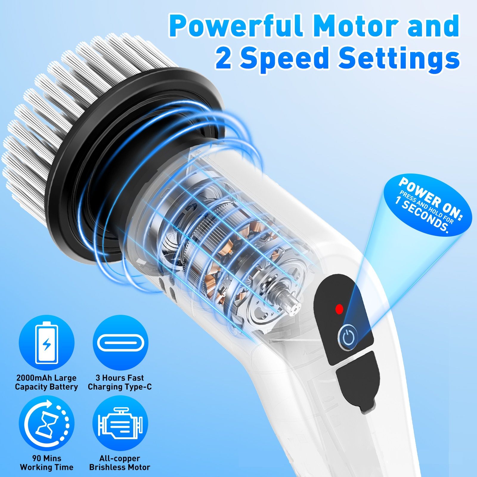 White 9 piece replaceable cleaning brush heads Electric Spin Scrubber with view 3