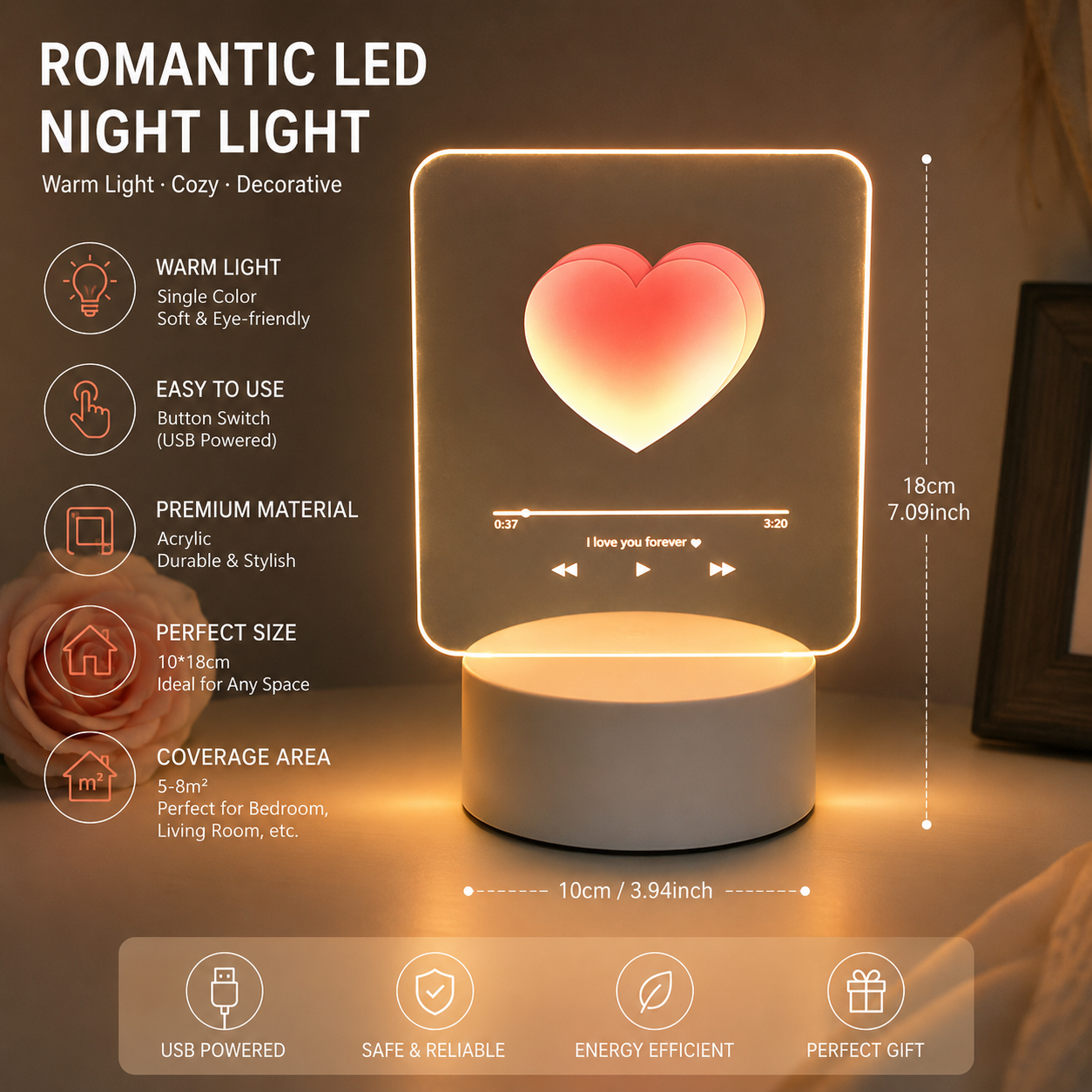 Pink Heart Design Creative Acrylic LED Night Light - Warm White Ambient Table Lamp