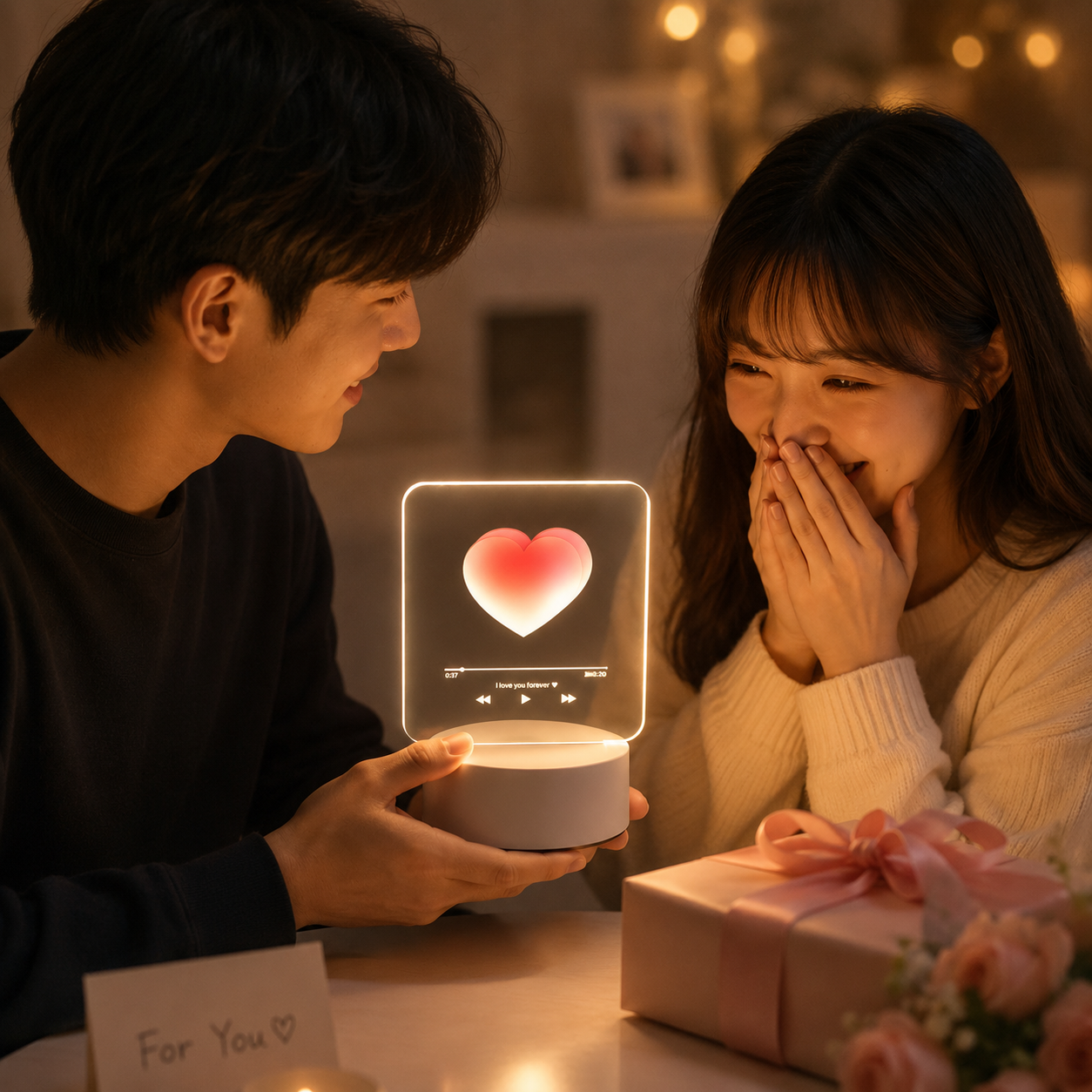 Pink Heart Design Creative Acrylic LED Night Light - Warm White Ambient Table Lamp view 7