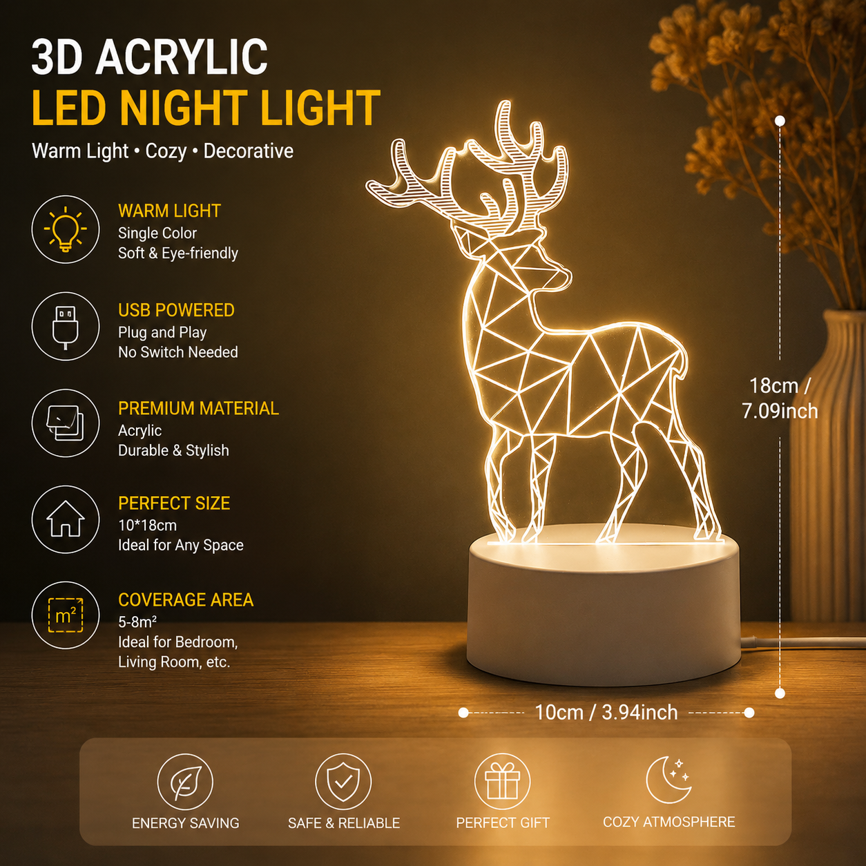 Reindeer style Creative Acrylic LED Night Light - Warm White Ambient Table Lamp