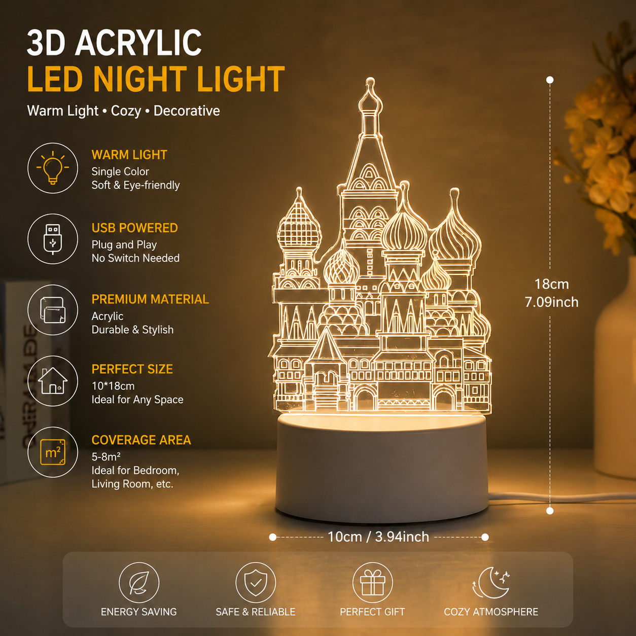Castle Style Creative Acrylic LED Night Light - Warm White Ambient Table Lamp