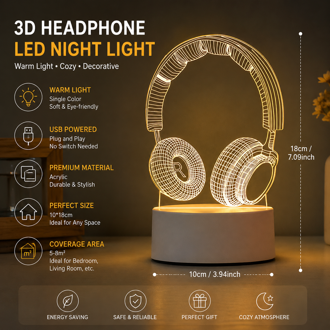 Headphone version Creative Acrylic LED Night Light - Warm White Ambient Table Lamp