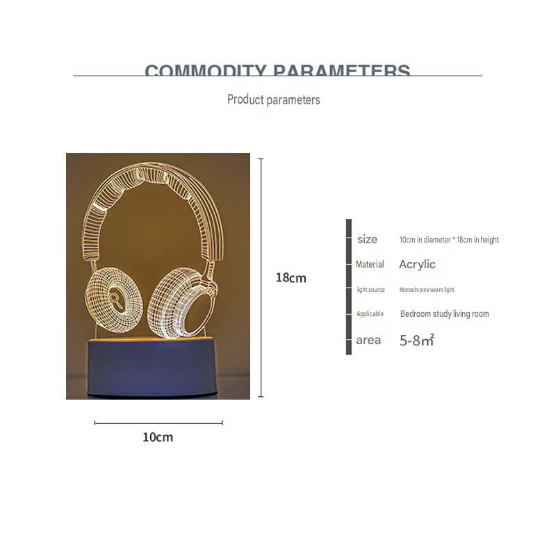 Headphone version Creative Acrylic LED Night Light - Warm White Ambient Table Lamp view 3
