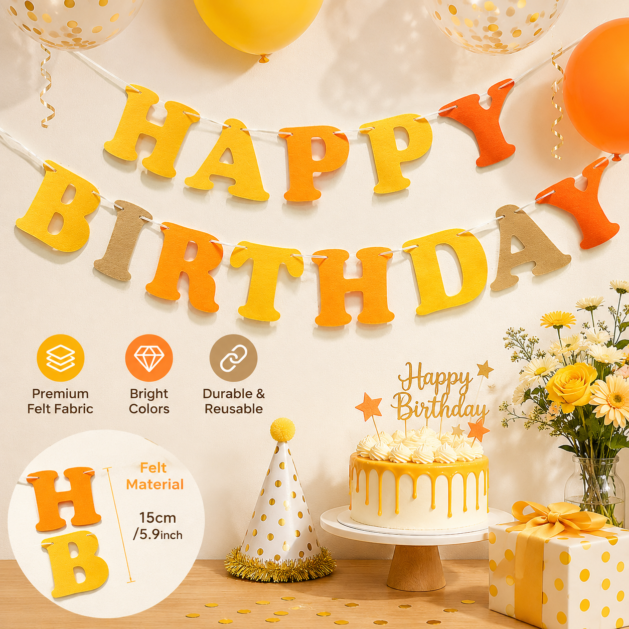 Orange and Yellow Happy Birthday Felt Banner Garland