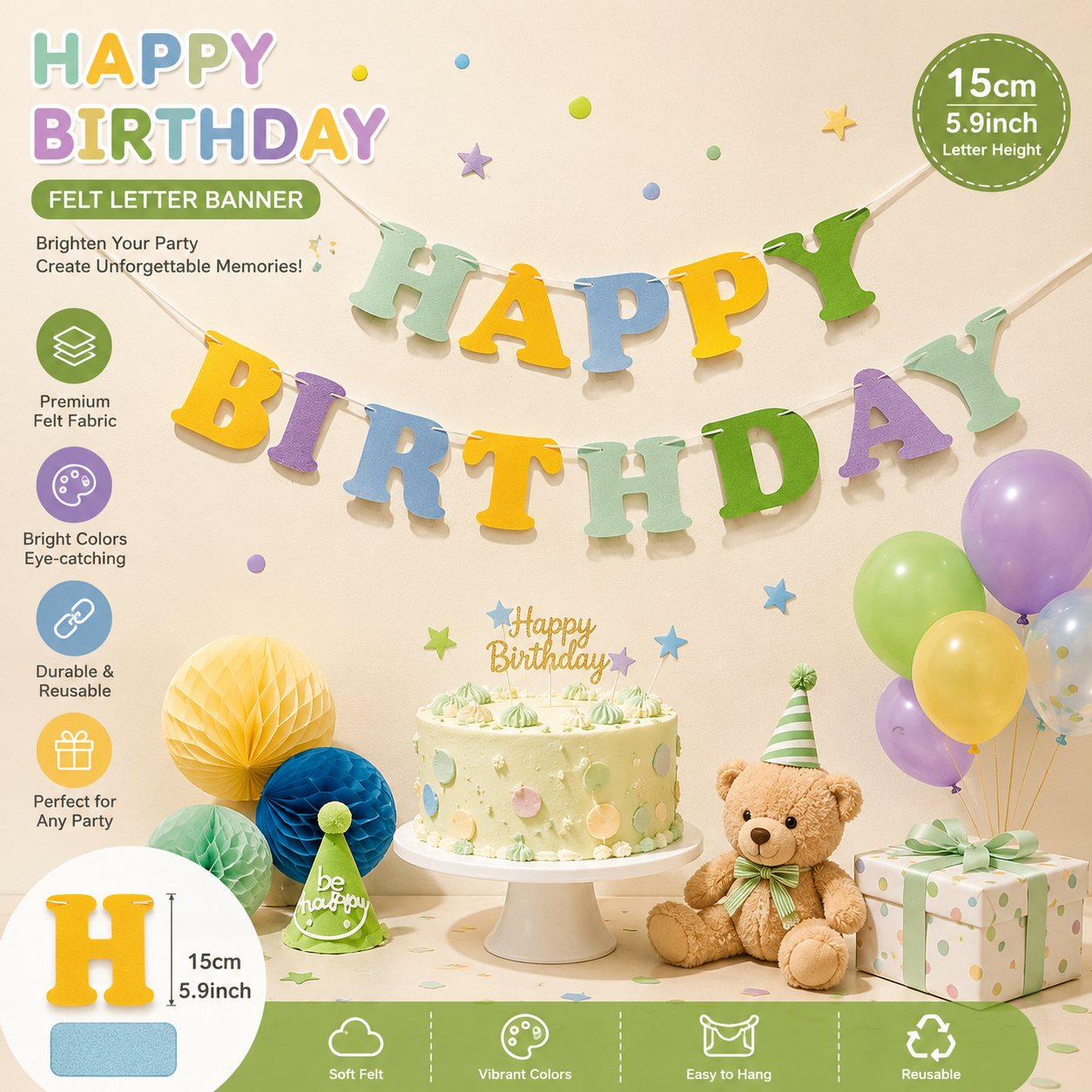 Blue and Green Happy Birthday Felt Banner Garland
