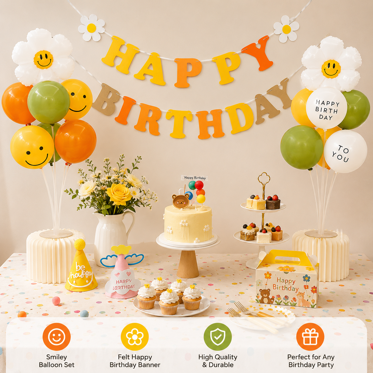 3-pcs Birthday Party Decoration Set with 2-pack Smiley Daisy Balloon