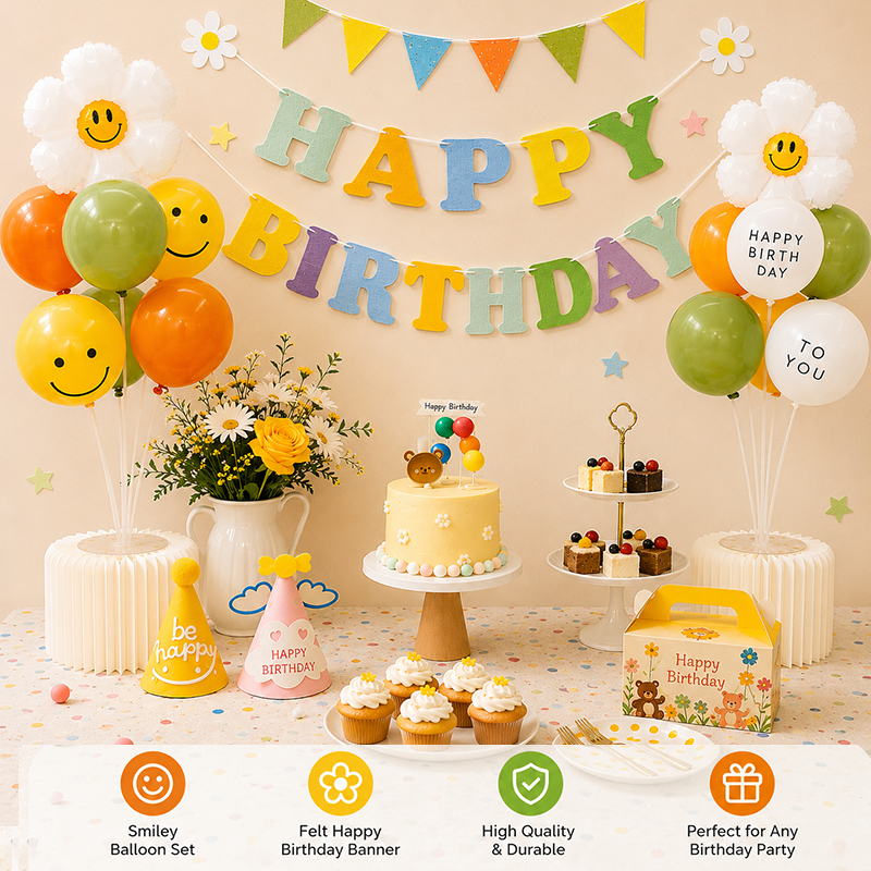 3-pcs Birthday Party Decoration Set with 2-pack Smiley Daisy Balloon