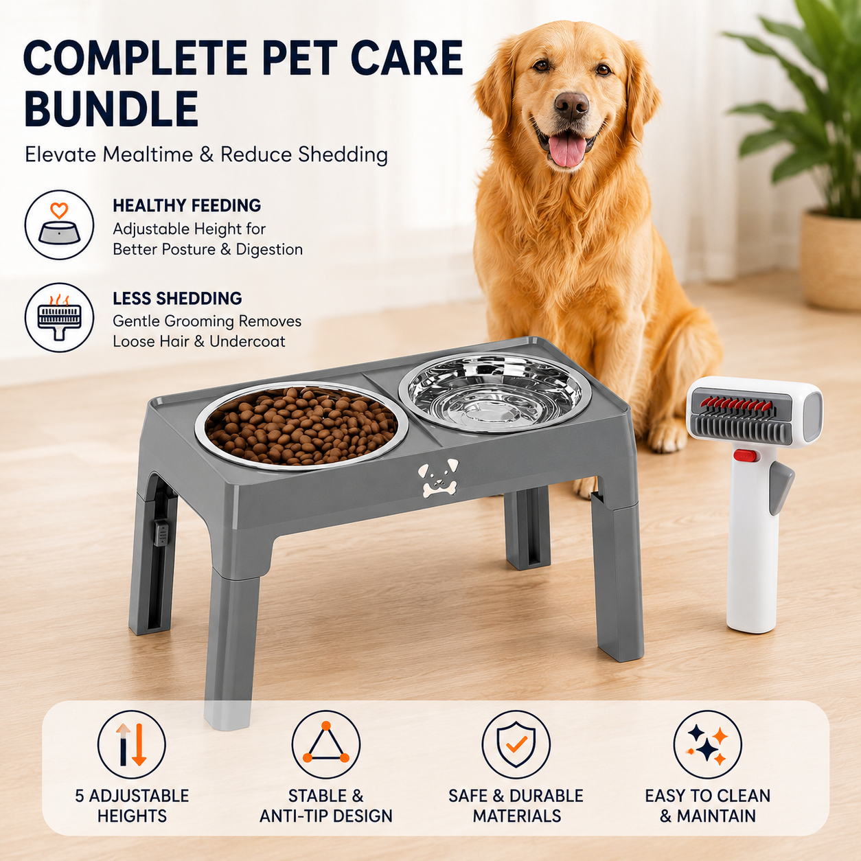 Pet Care Bundle Set – Grey Adjustable Elevated Double Dog Bowl & White and