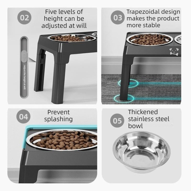 Pet Care Bundle Set – Grey Adjustable Elevated Double Dog Bowl & White and view 4