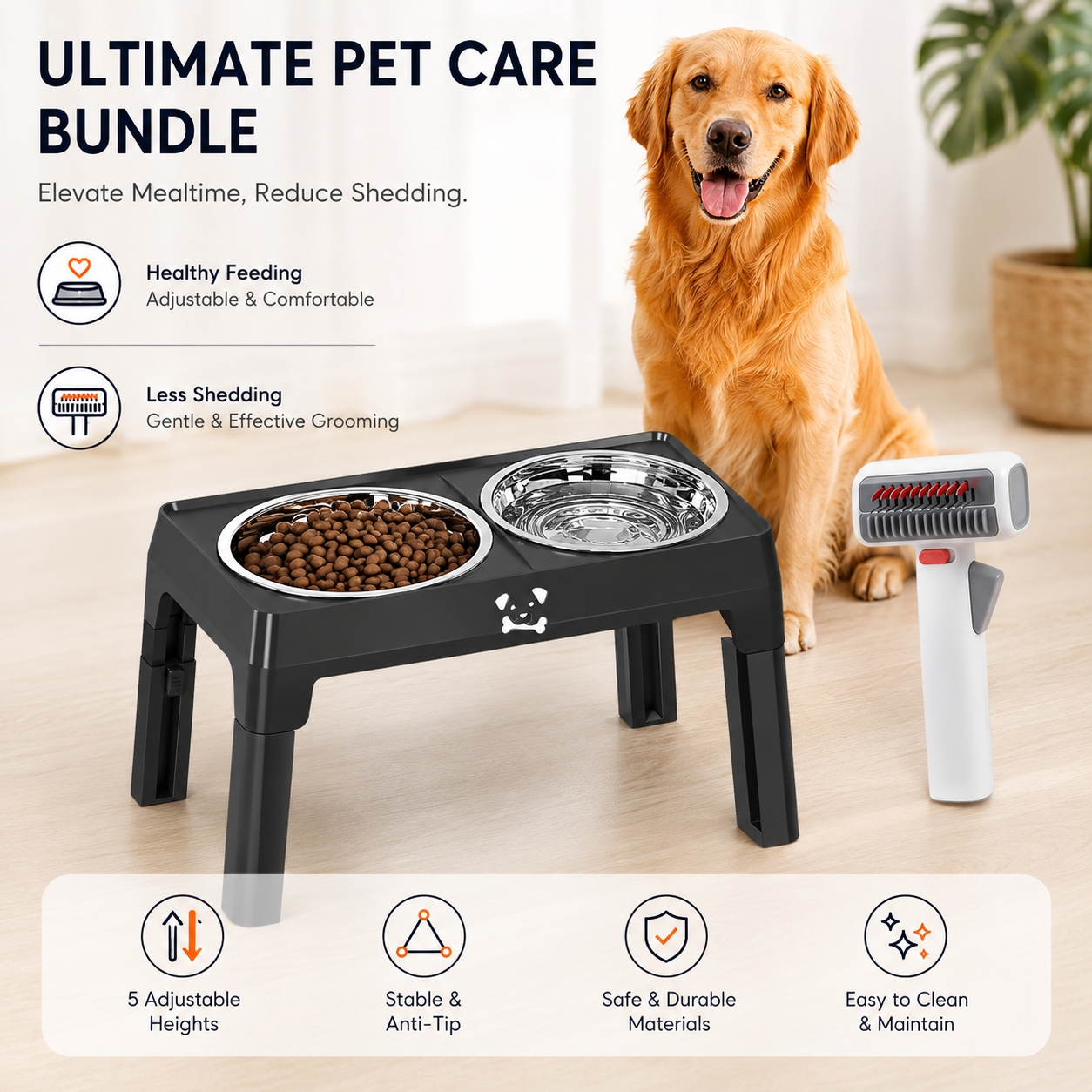 Pet Care Bundle Set – Black Adjustable Elevated Double Dog Bowl & White and