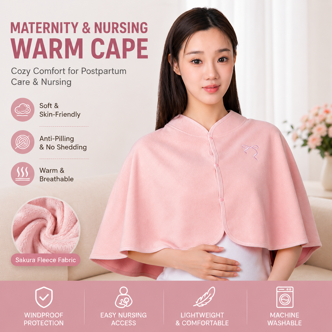 Pink Maternity Nursing Shoulder Wrap Cape – Ultra Soft Sakura Fleece