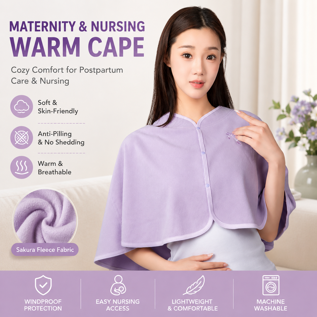 Purple Maternity Nursing Shoulder Wrap Cape – Ultra Soft Sakura Fleece