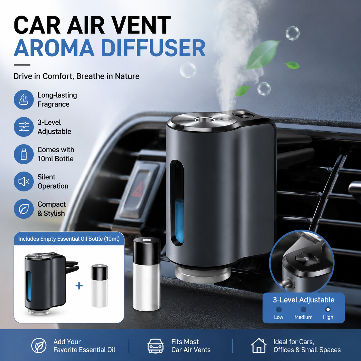 Grey Car Vent Air Freshener Diffuser (Includes a 10ml empty essential oil