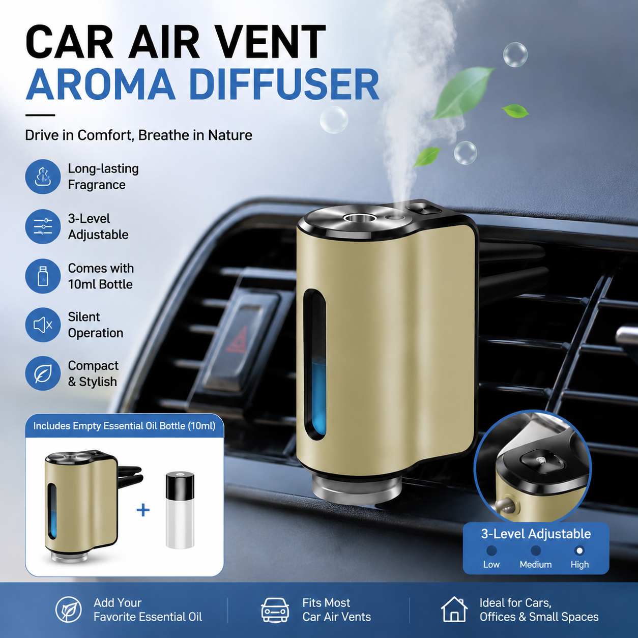 Golden Car Vent Air Freshener Diffuser (Includes a 10ml empty essential oil