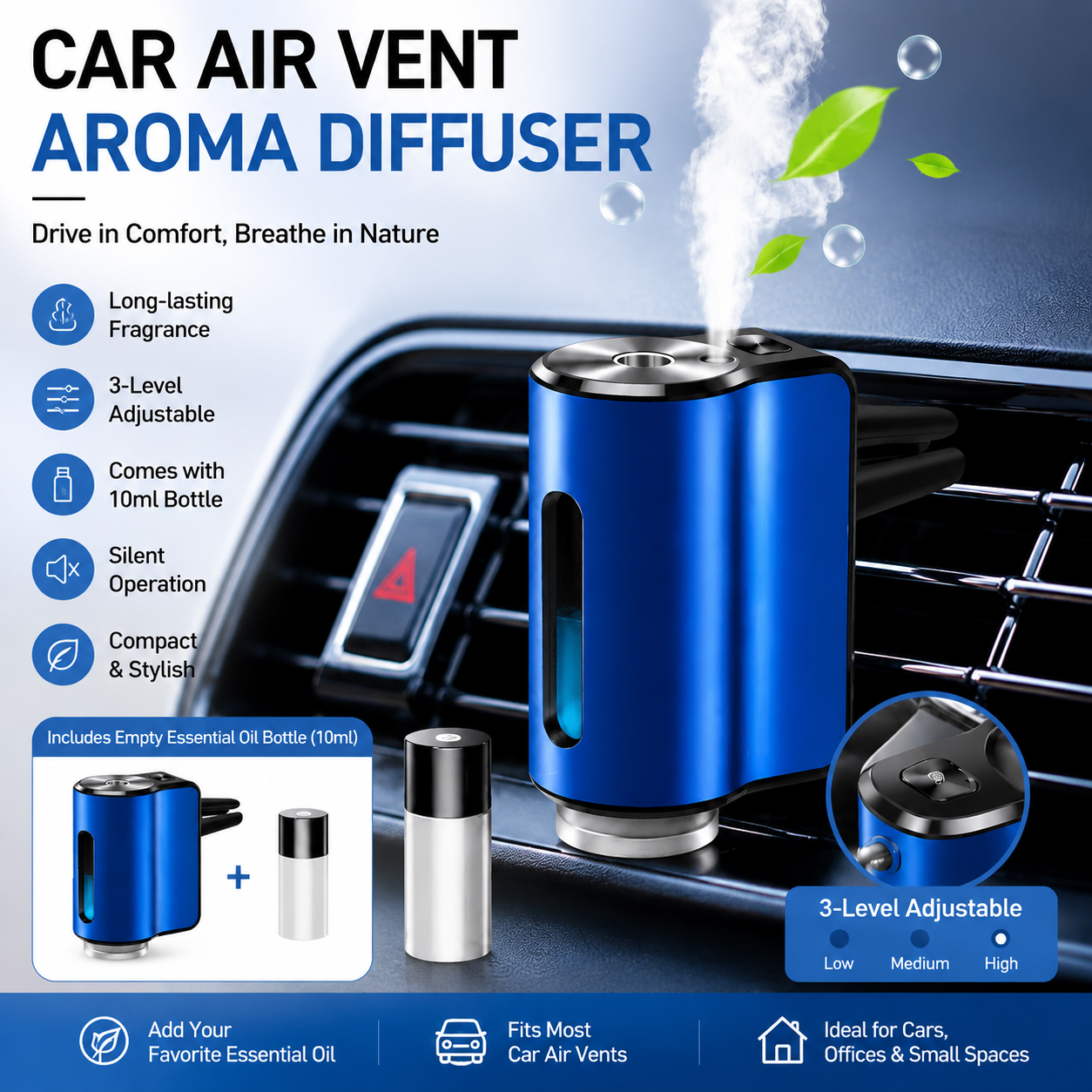 Blue Car Vent Air Freshener Diffuser (Includes a 10ml empty essential oil