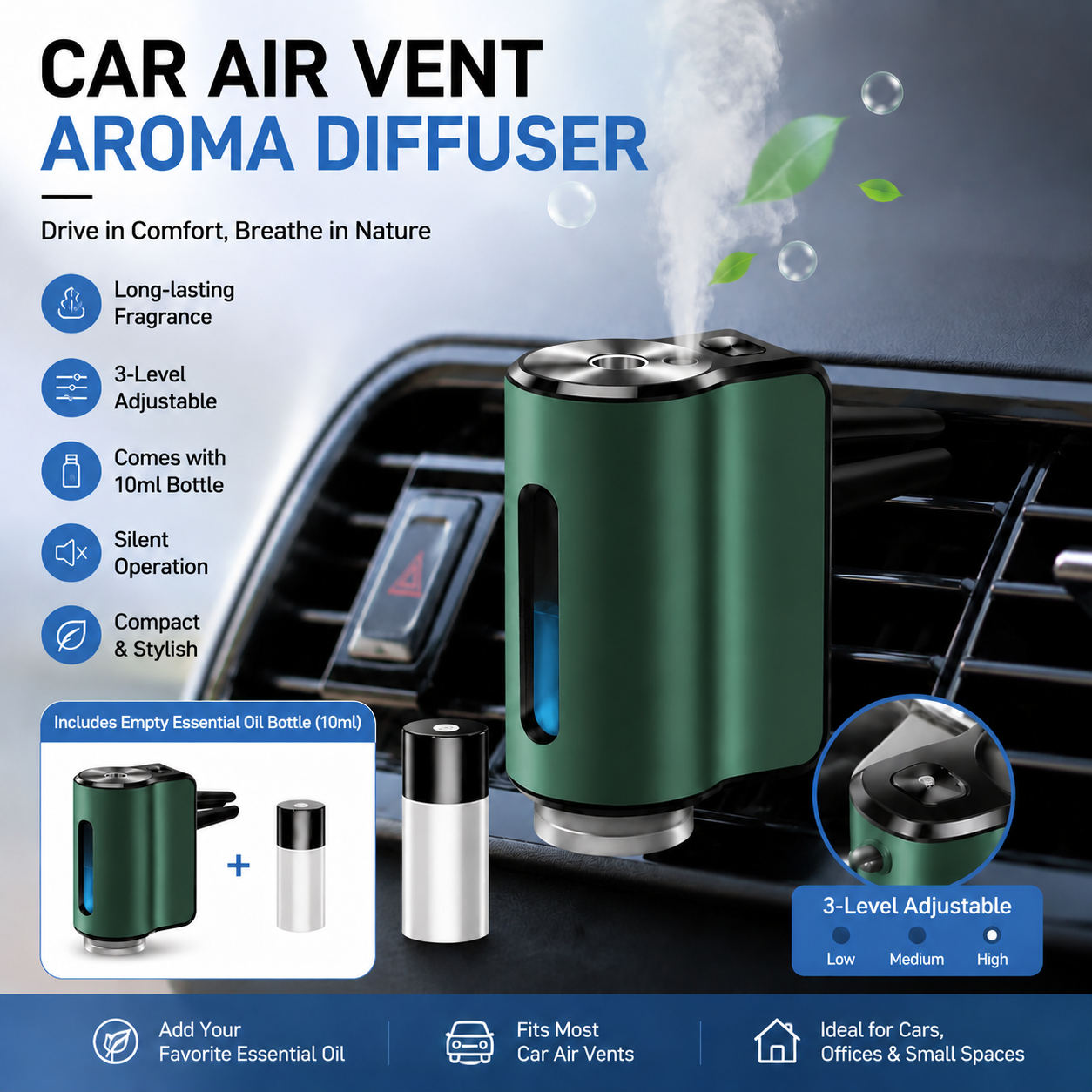 Green Car Vent Air Freshener Diffuser (Includes a 10ml empty essential oil