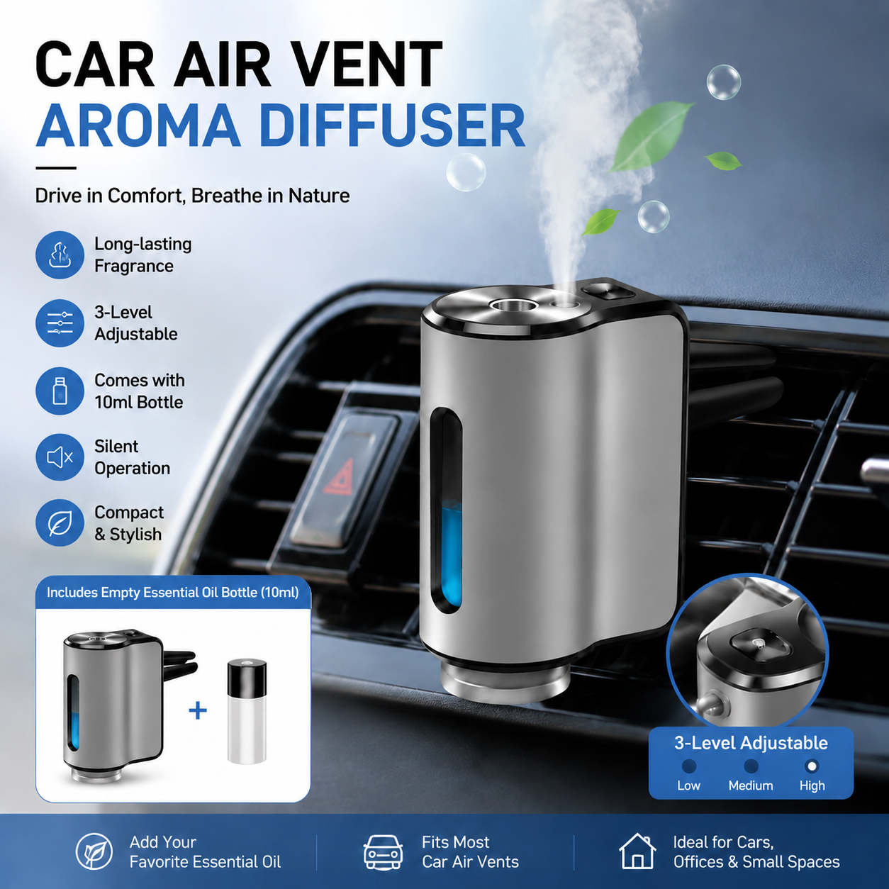 Silvery Car Vent Air Freshener Diffuser (Includes a 10ml empty essential oil