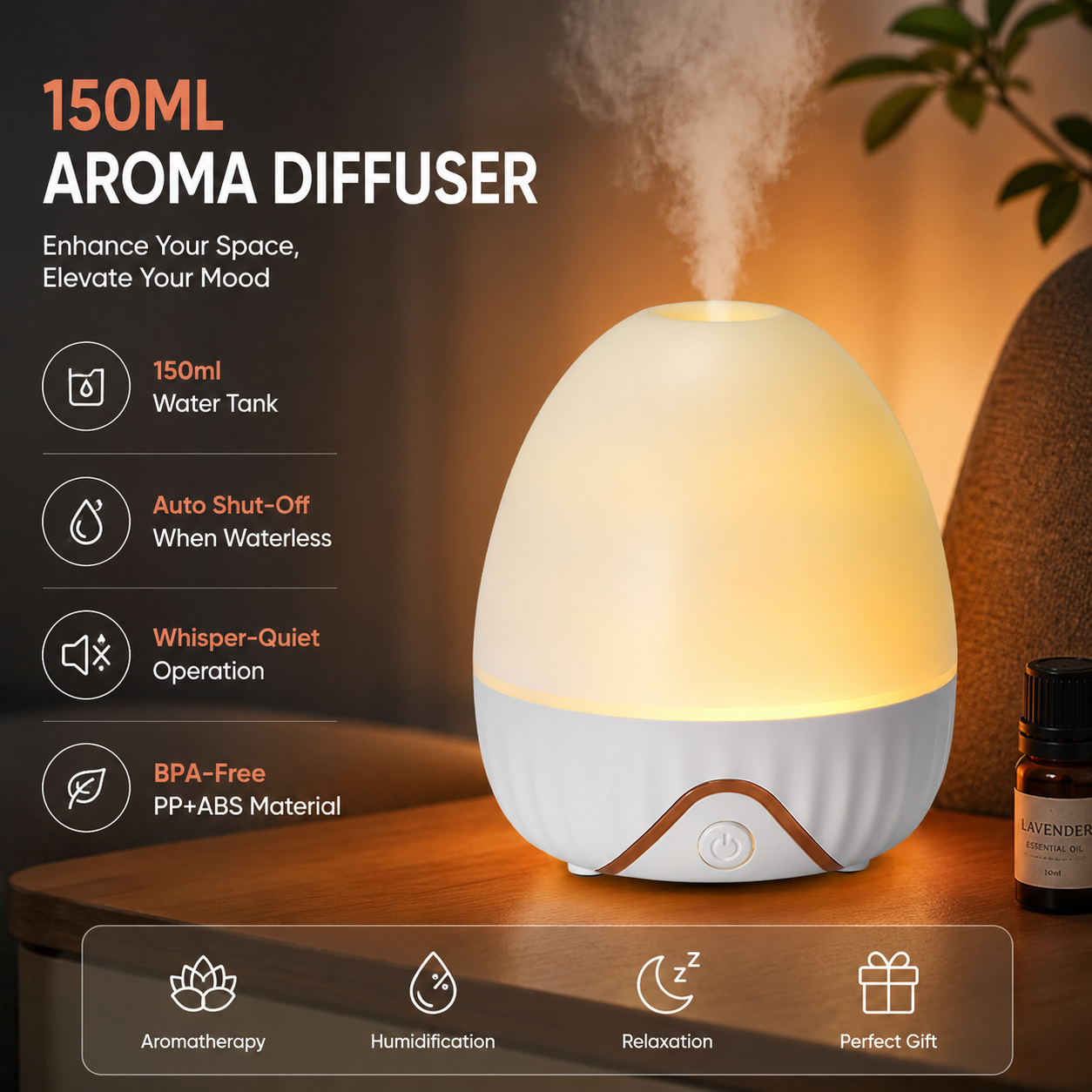White Bud-shaped aroma diffuser 150ml Ultrasonic Aroma Diffuser Humidifier