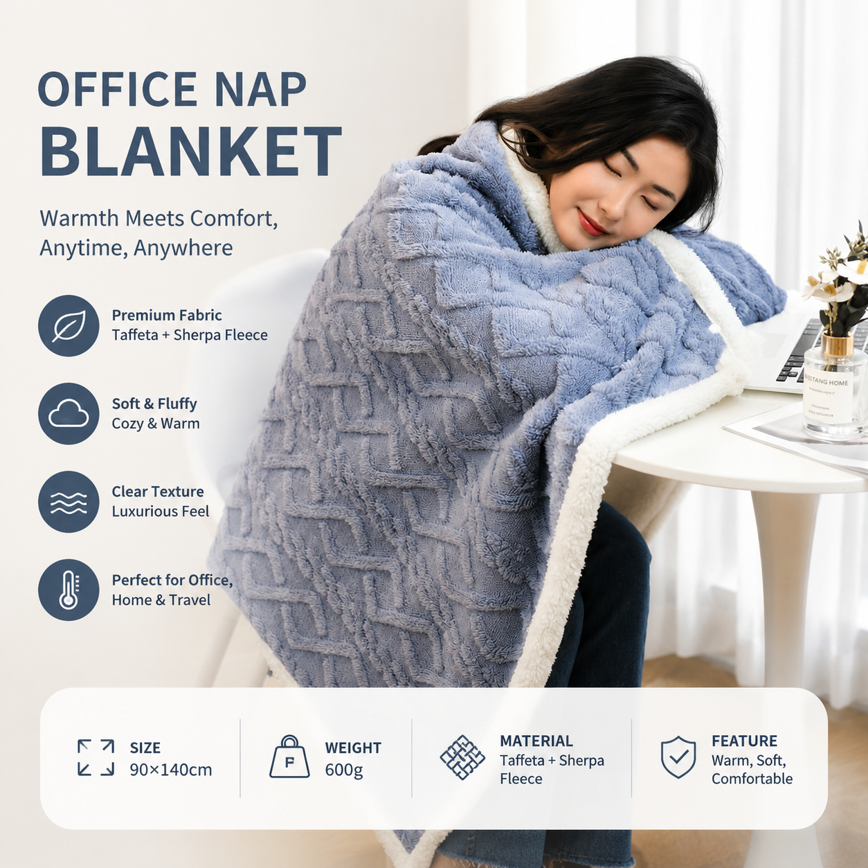 Blue 90×140cm Textured bar knit pattern Sherpa Fleece and Taffeta Throw