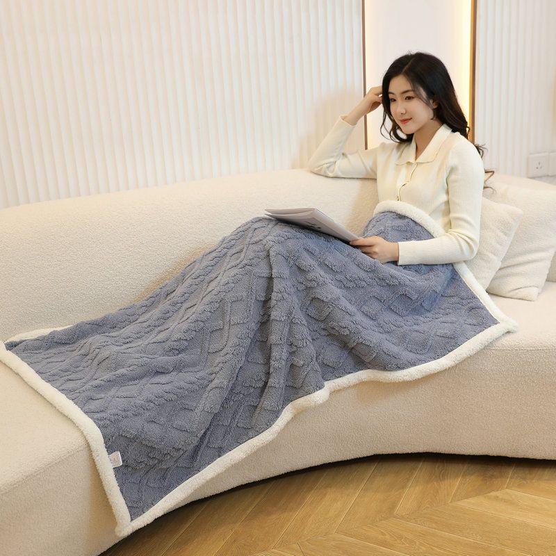 Blue 90×140cm Textured bar knit pattern Sherpa Fleece and Taffeta Throw view 10
