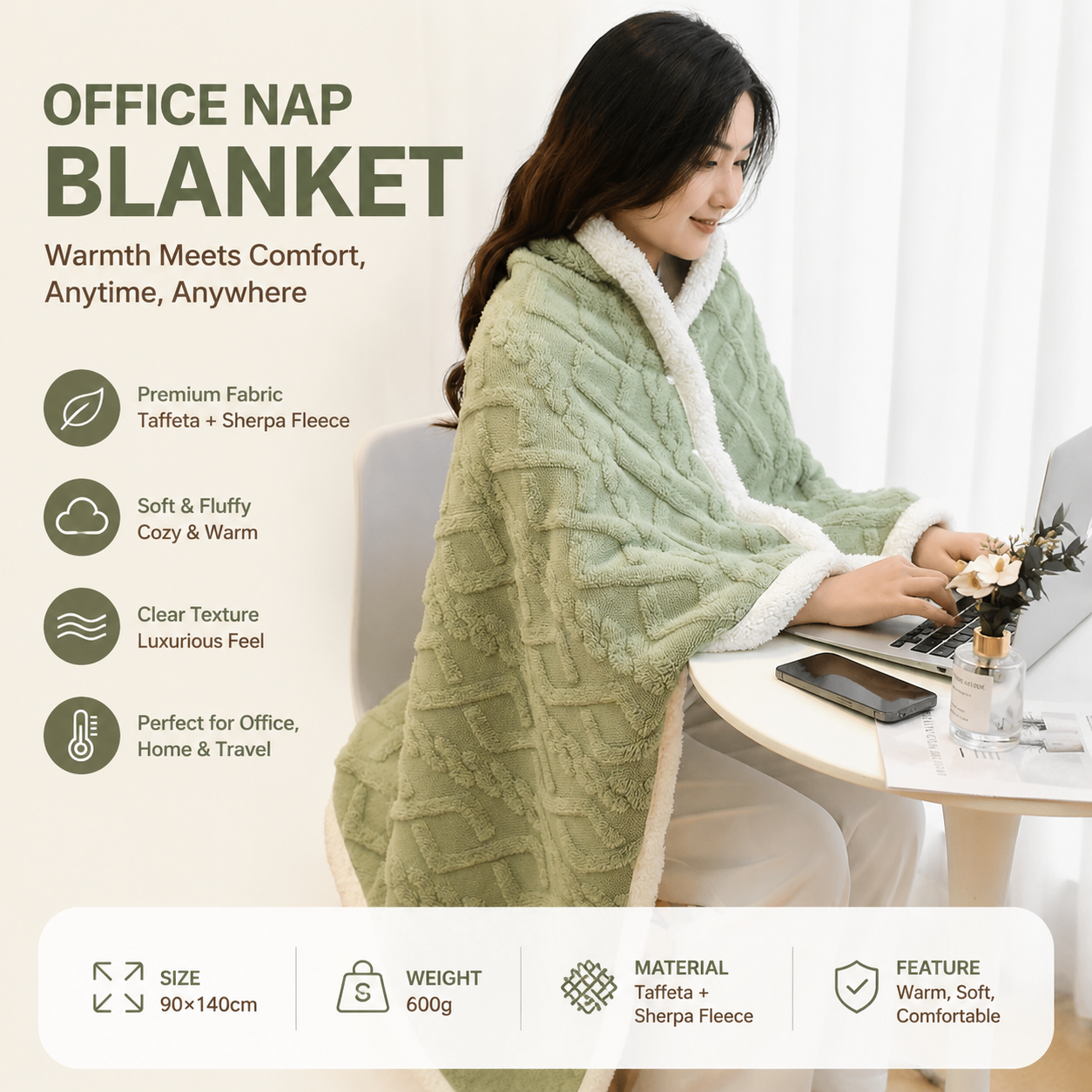 Green 90×140cm Textured bar knit pattern Sherpa Fleece and Taffeta Throw