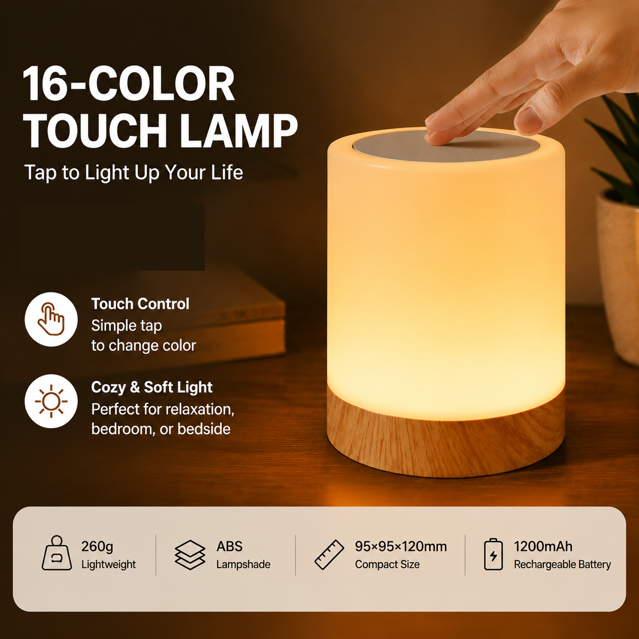 White LED Rechargeable Night Light with 16 Colors – 1200mAh Touch Bedside Lamp — image 1