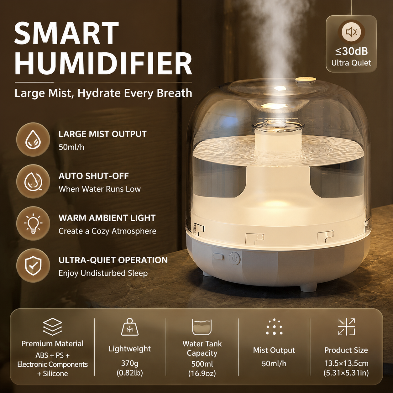 White 500ml Smart Ultrasonic Humidifier & Aroma Diffuser – USB Silent Air