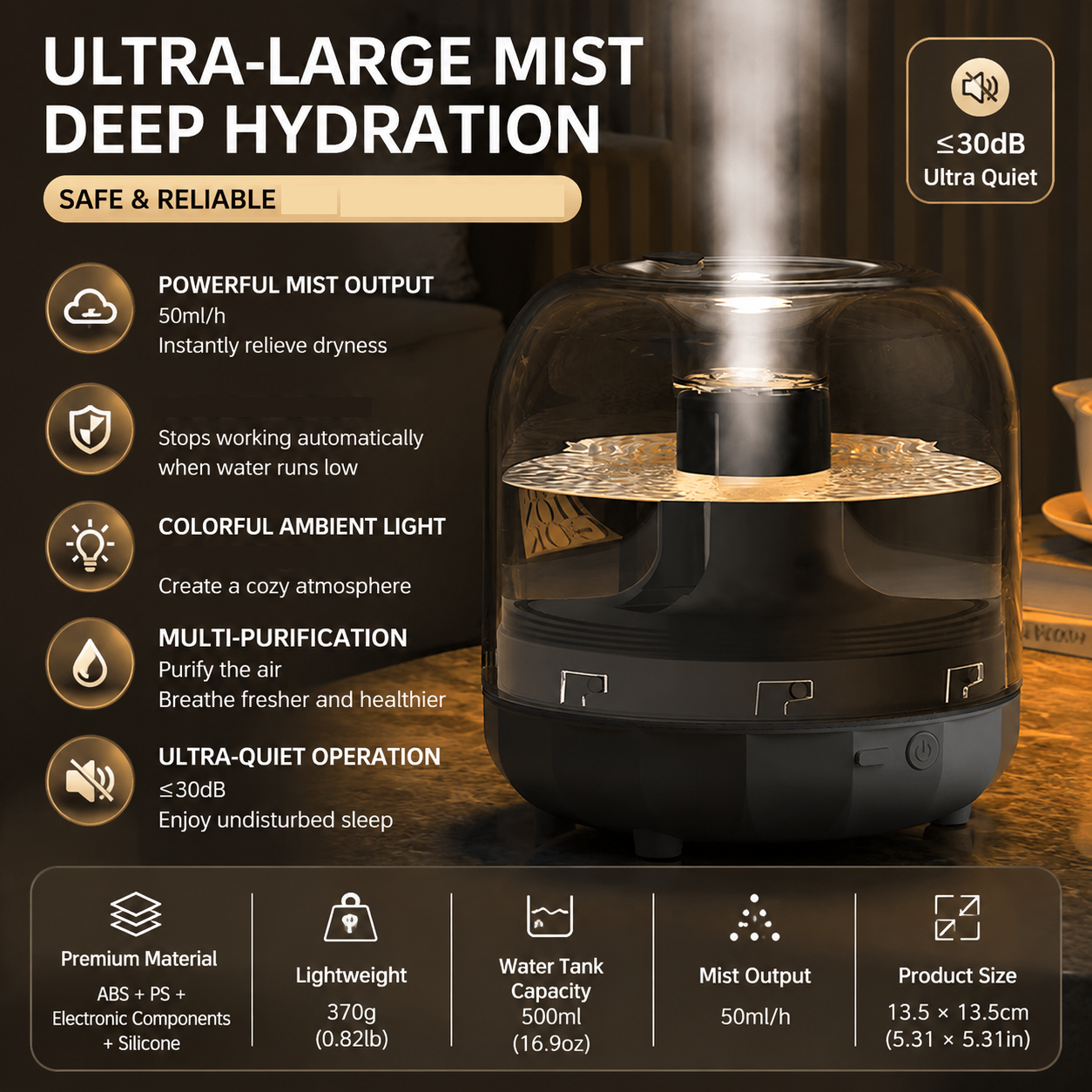 Black 500ml Smart Ultrasonic Humidifier & Aroma Diffuser – USB Silent Air