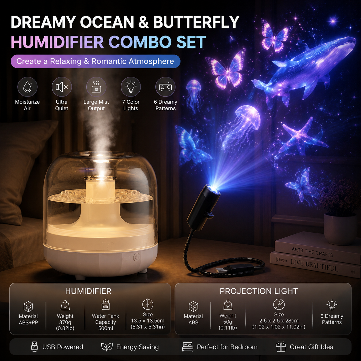 2-piece Bedroom Atmosphere Bundle –White Ultrasonic Aroma diffuser Humidifier