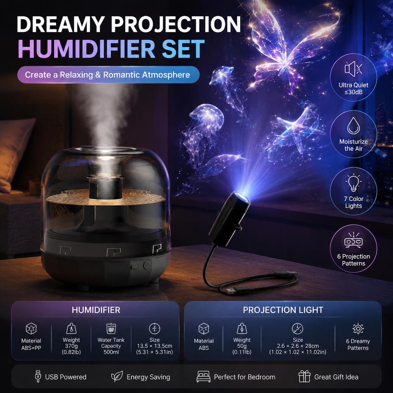 2-piece Bedroom Atmosphere Bundle –Black Ultrasonic Aroma diffuser Humidifier