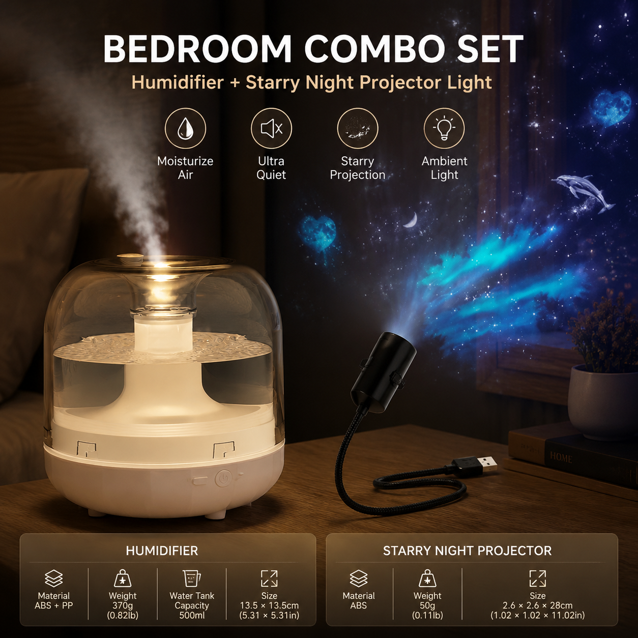 2-piece Bedroom Atmosphere Bundle – White Ultrasonic Aroma diffuser Humidifier