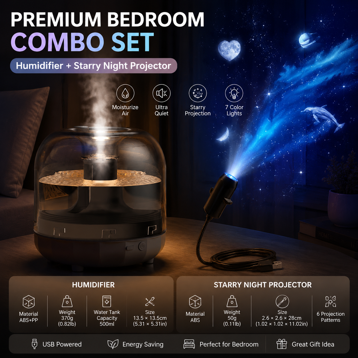 2-piece Bedroom Atmosphere Bundle – Black Ultrasonic Aroma diffuser Humidifier