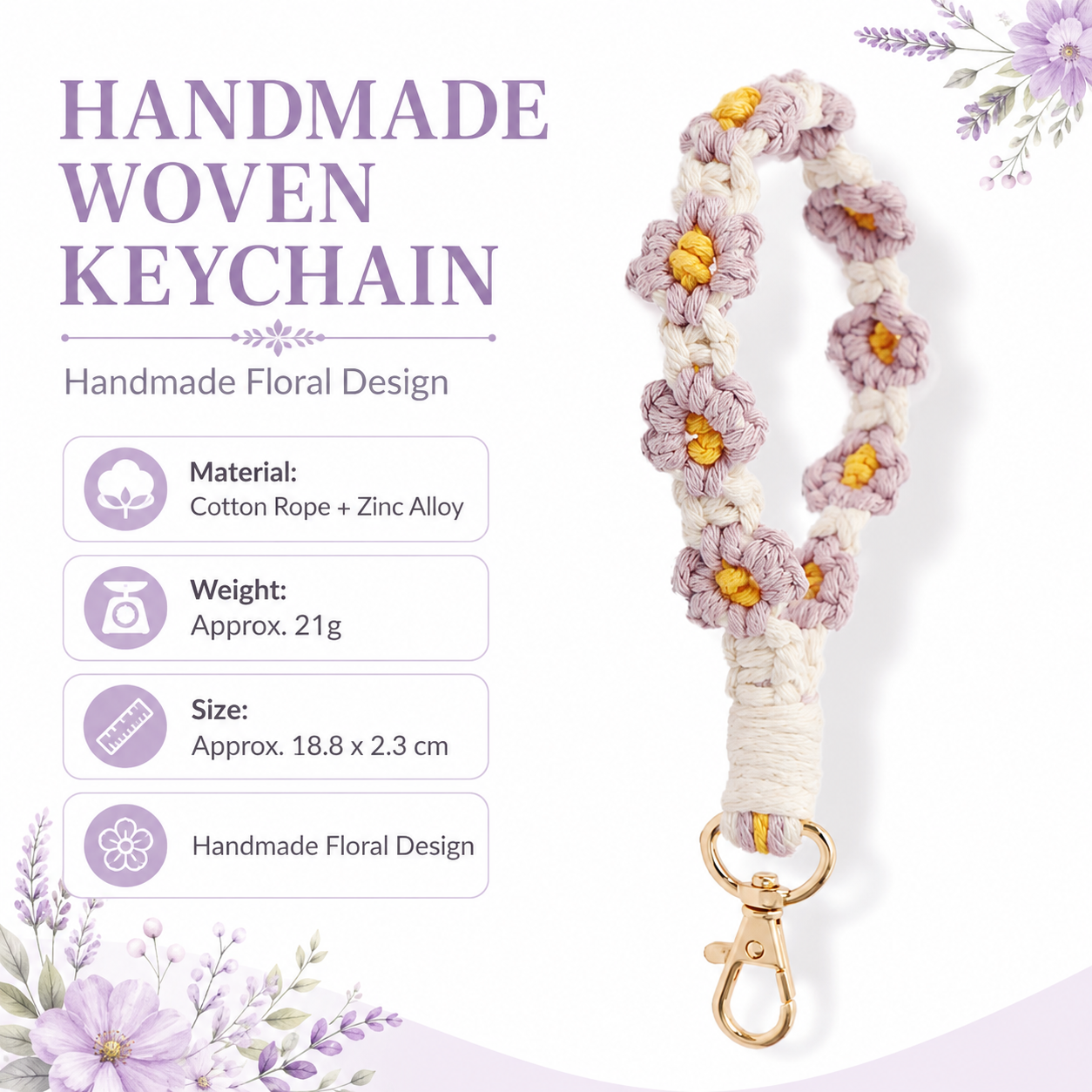 Purple Boho Daisy Handmade Braided Wrist Strap Keychain – Floral Crochet