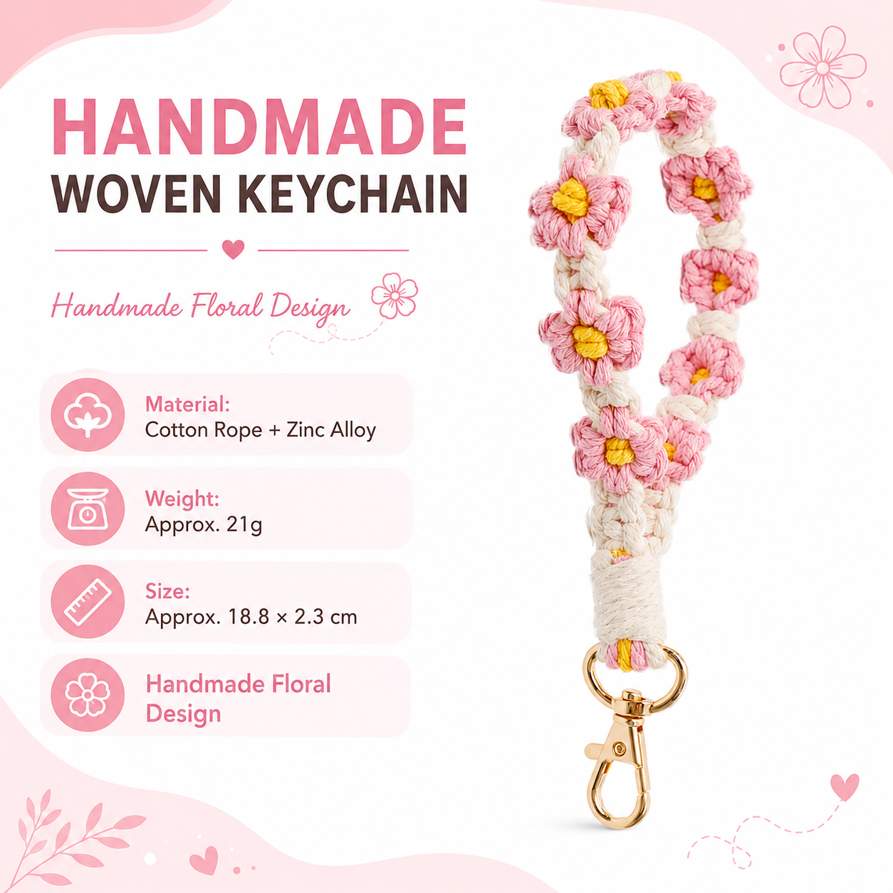 Pink Boho Daisy Handmade Braided Wrist Strap Keychain – Floral Crochet Keyring