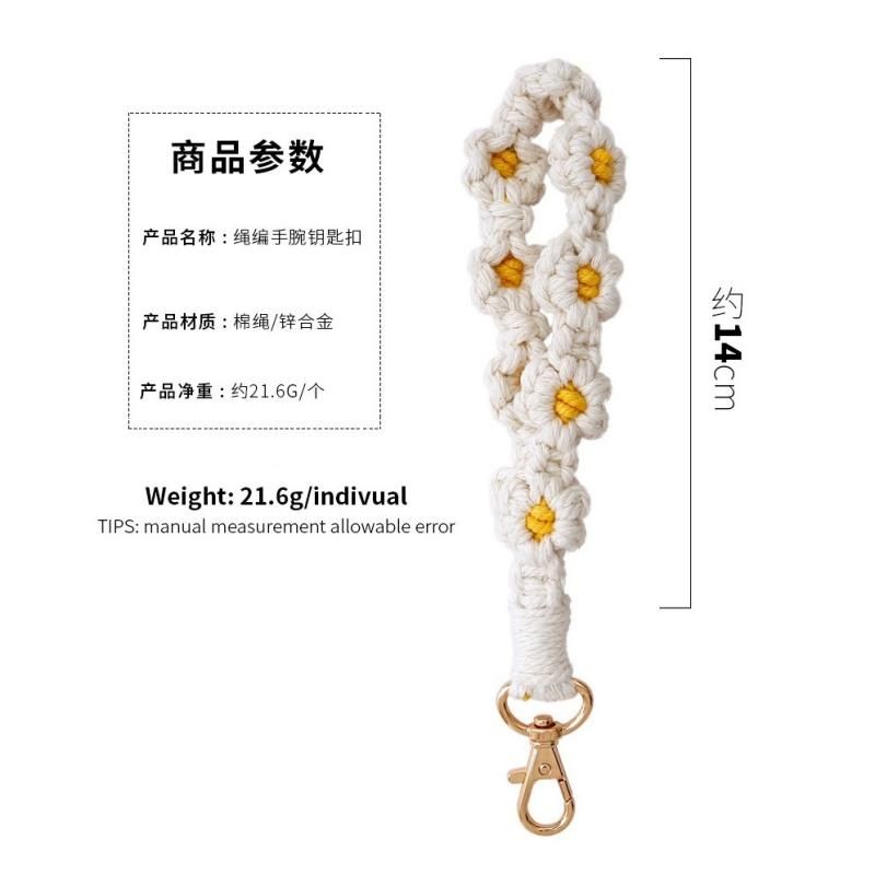 Pink Boho Daisy Handmade Braided Wrist Strap Keychain – Floral Crochet Keyring view 2