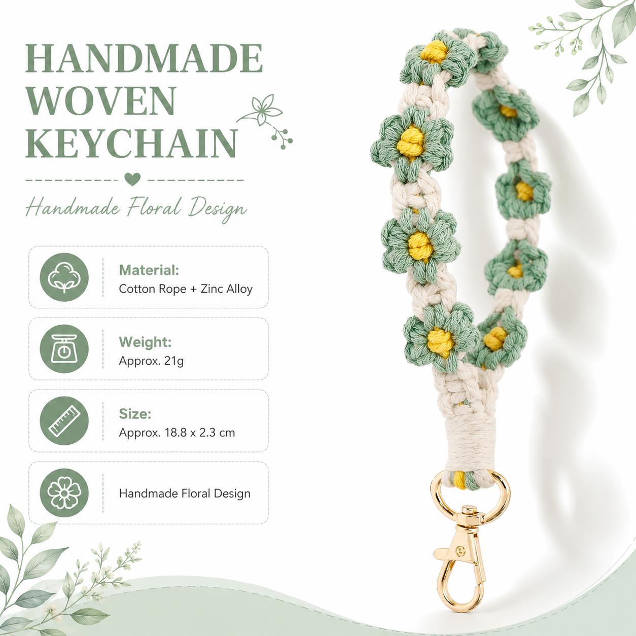 Green Boho Daisy Handmade Braided Wrist Strap Keychain – Floral Crochet