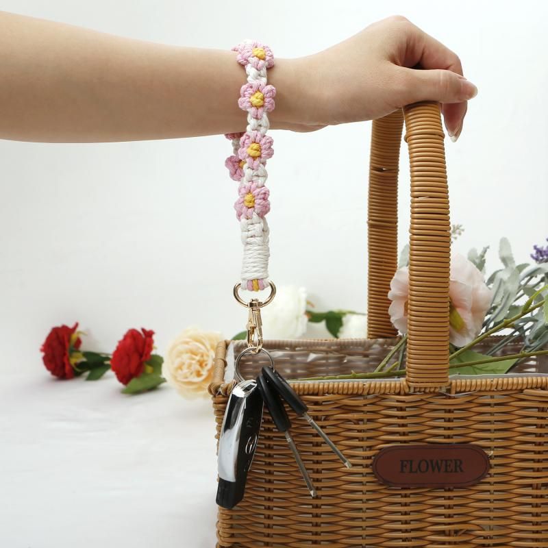 Green Boho Daisy Handmade Braided Wrist Strap Keychain – Floral Crochet view 9