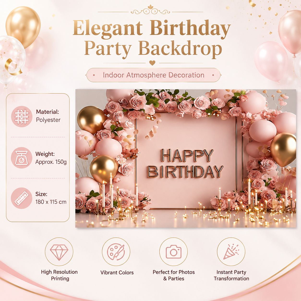 Birthday Party Backdrop and Rechargeable LED Candle Set - 180x115 cm Printed view 2