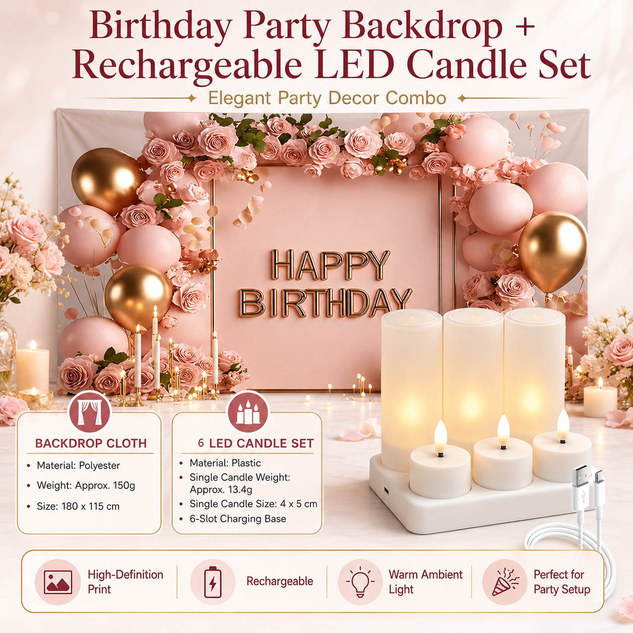 Birthday Party Backdrop and Rechargeable LED Candle Set - 180x115 cm Printed