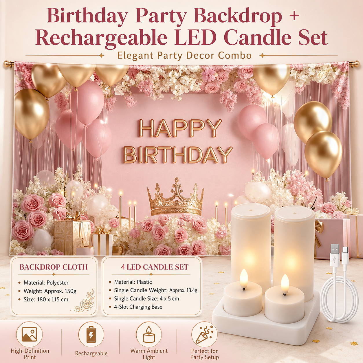 Birthday Party Backdrop and Rechargeable LED Candle Set - 180x115 cm Printed