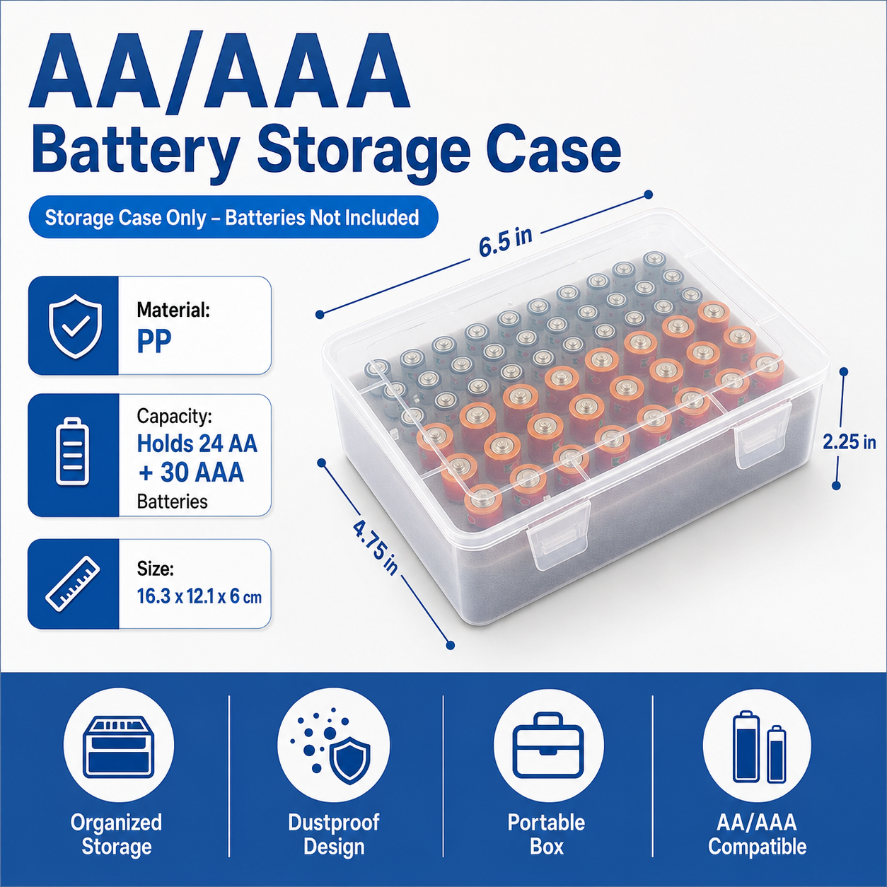 White AA/AAA Battery Storage Case 24 AA + 30 AAA Capacity Durable PP Organizer