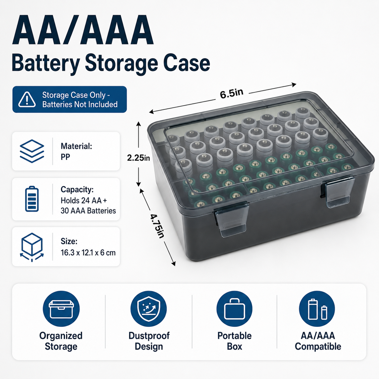 Grey AA/AAA Battery Storage Case 24 AA + 30 AAA Capacity Durable PP Organizer