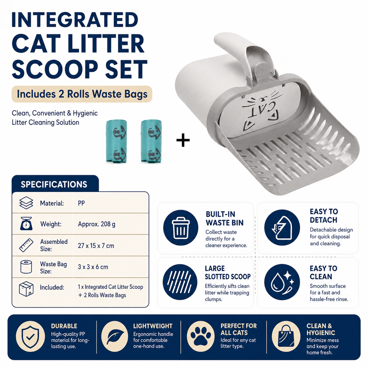 All-in-one Cat Litter Scoop Includes 2 rolls of trash bags- Detachable