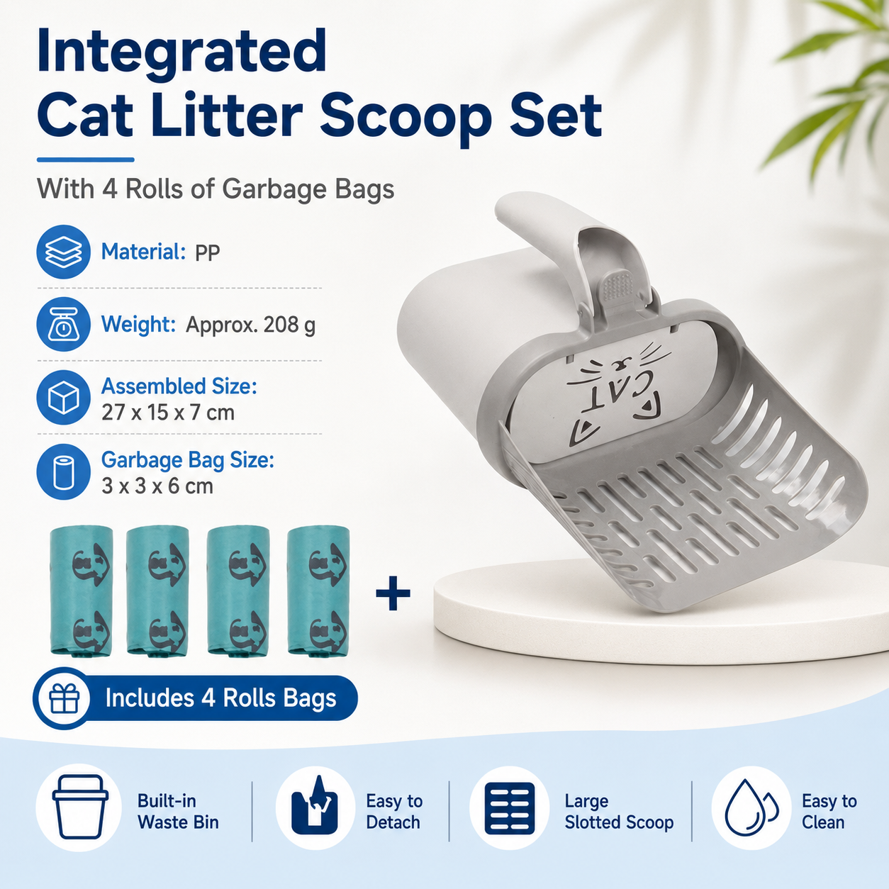 All-in-one Cat Litter Scoop Includes 4 rolls of trash bags - Detachable
